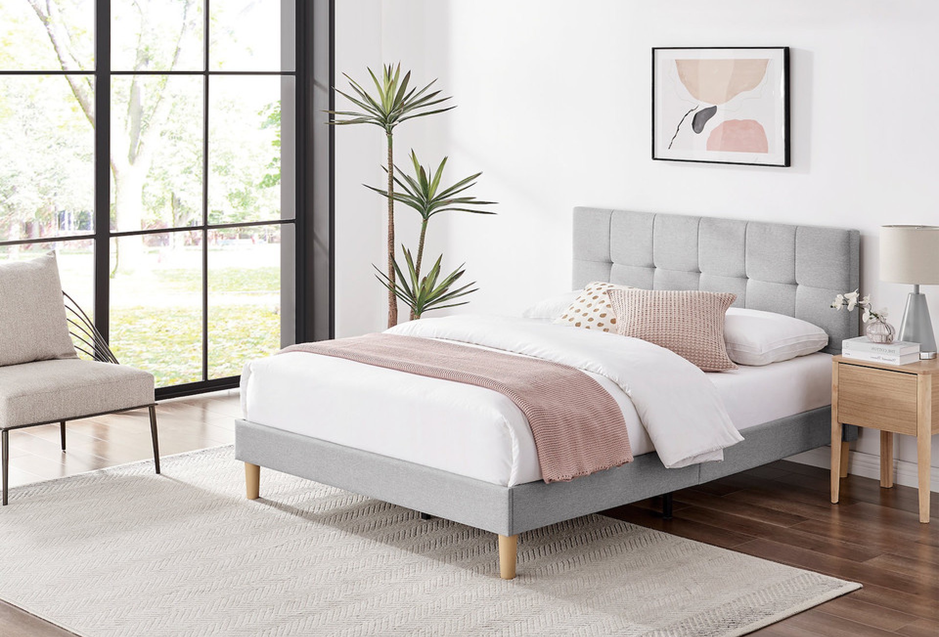 Hattie wood and upholstered bed frame in light grey