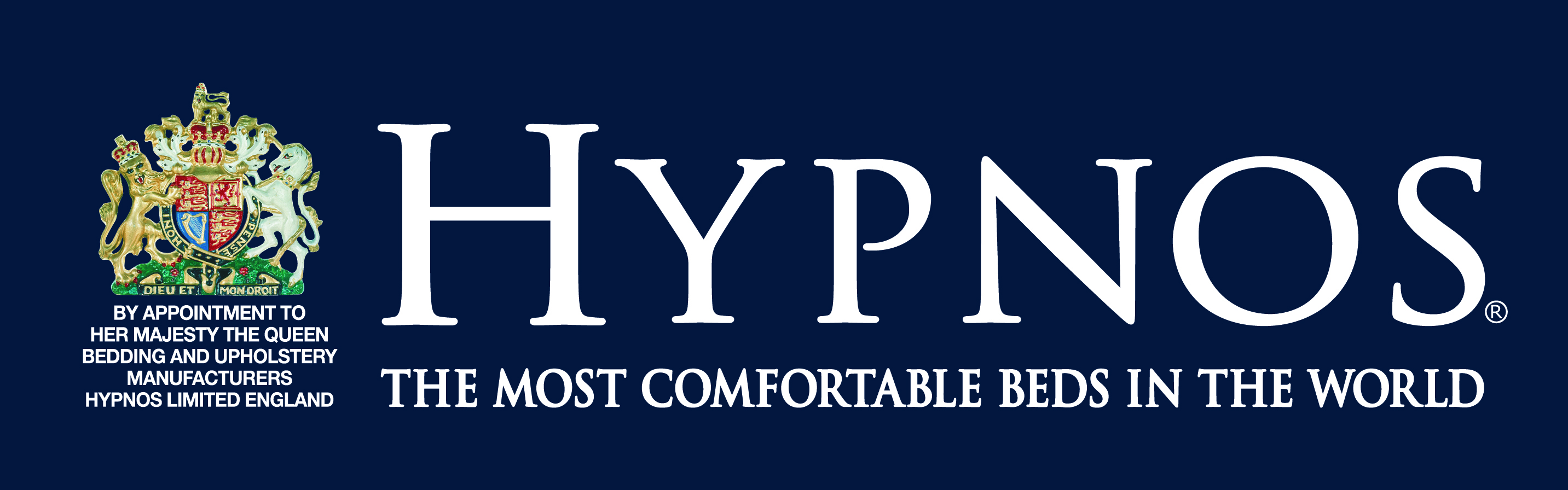 A banner  with the image of the Royal Warrant on the left and to its right, the Hypnos Logo accompanied by the statement, The Most Comfortable Beds in the World.  