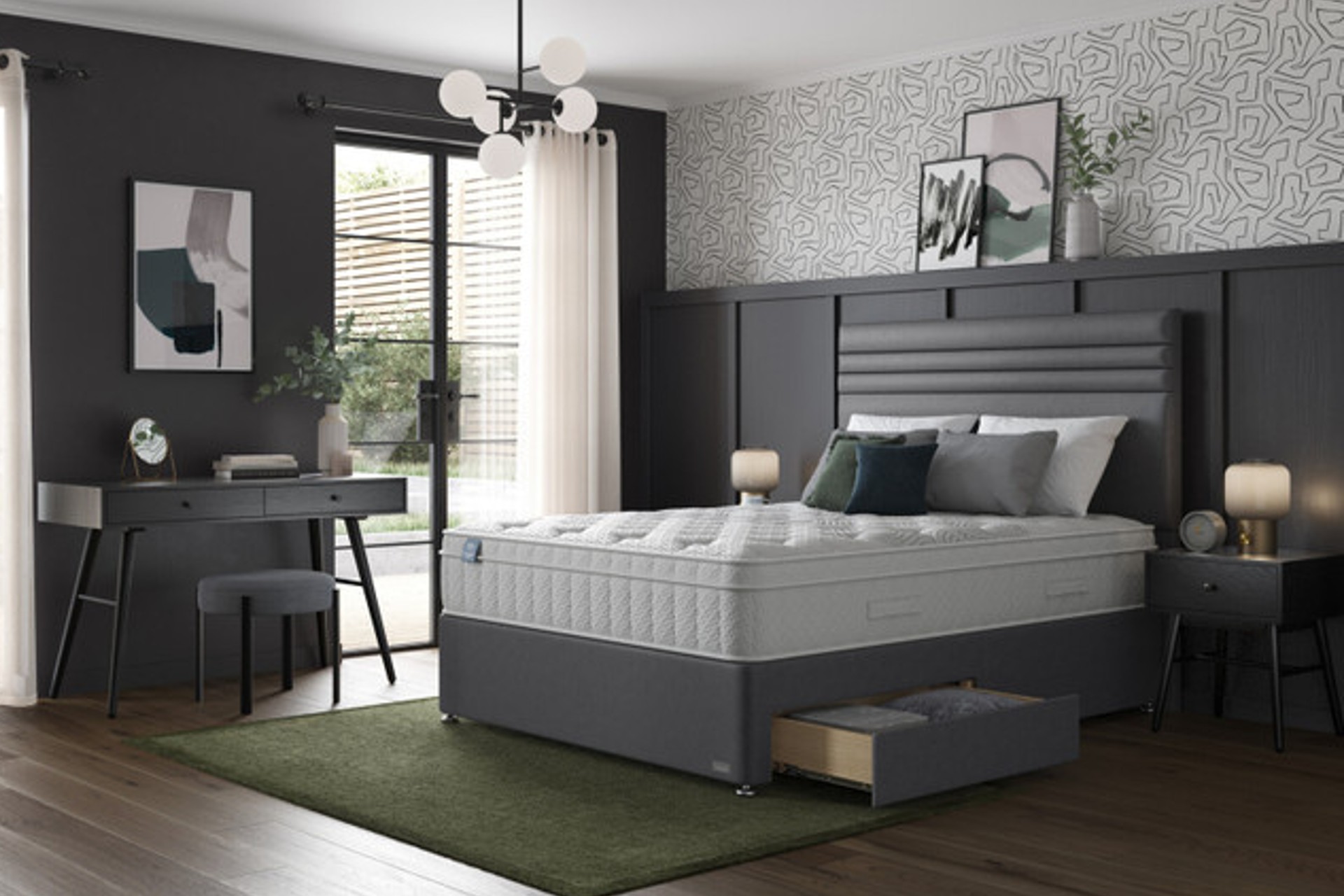 iGel Advance 2050i Mattress and Divan Bed Set On Glides in charcoal grey linen