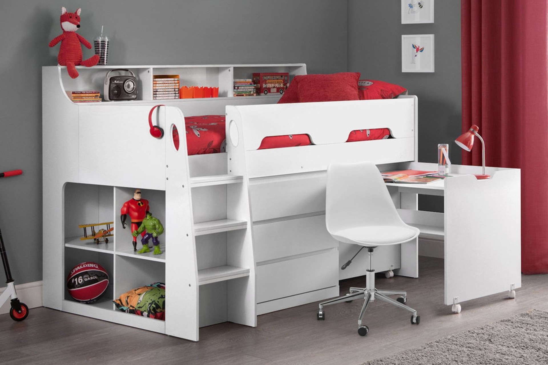 Jupiter White Wooden Midsleeper bed and mattress Set with pull out desk and white chest of drawers storage