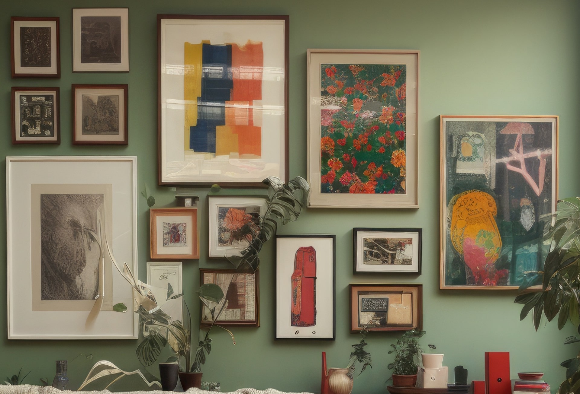A maximalist wall of art featuring an eclectic collection of images, prints and different coloured frames in various sizes