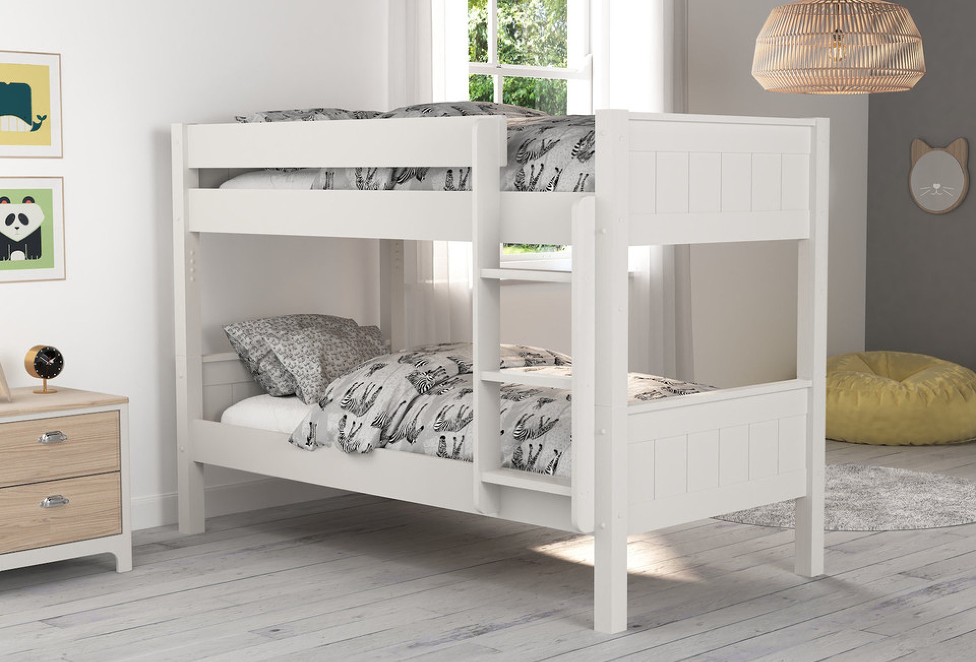 Meadow kids' compact white wooden bunk bed set in a contemporary child's bedroom