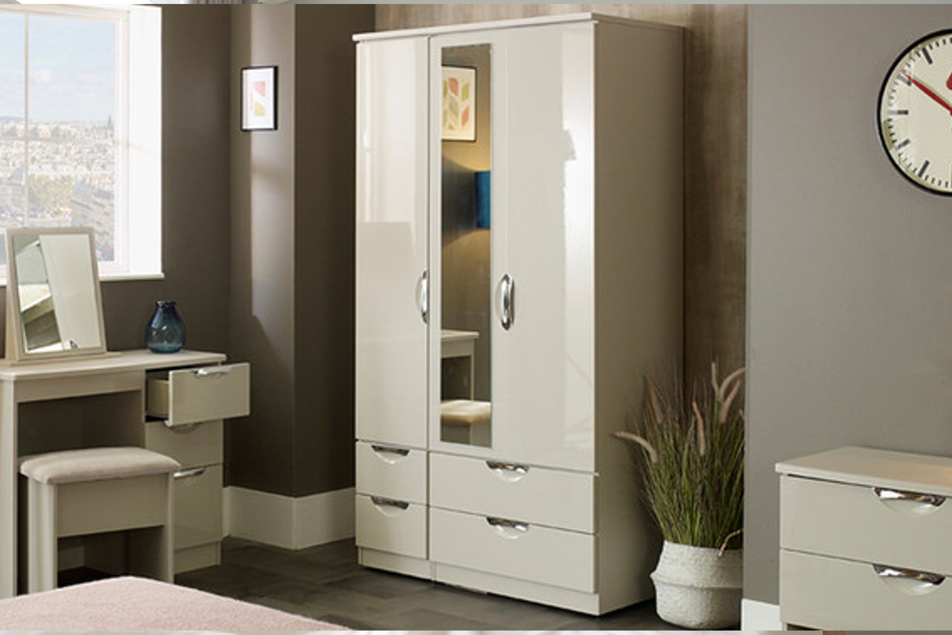 Merton high gloss mirrored wardrobe with 2 drawers in cream