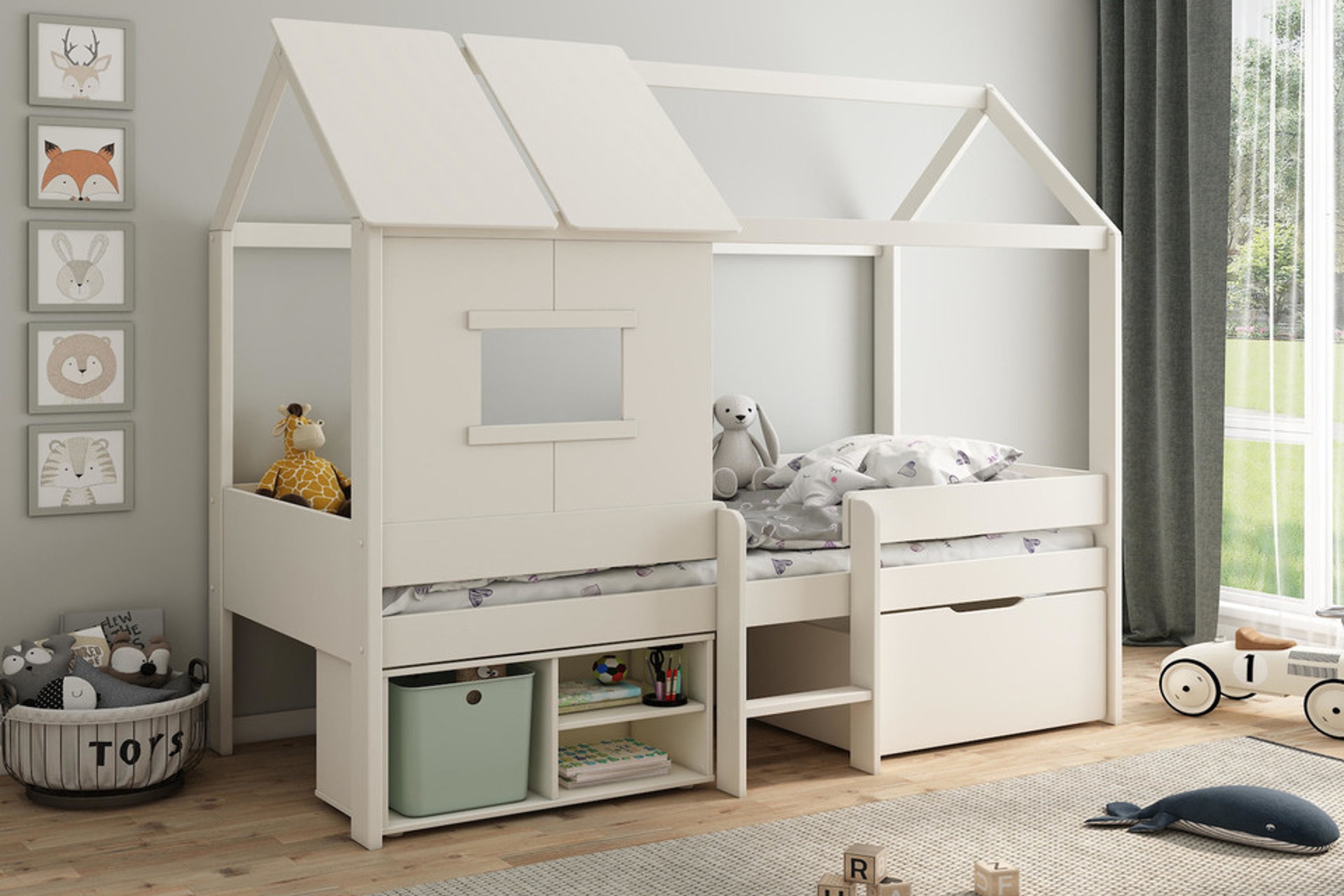 Skye white Playhouse Midsleeper Bedframe with storage drawers, shelves and a Mattress