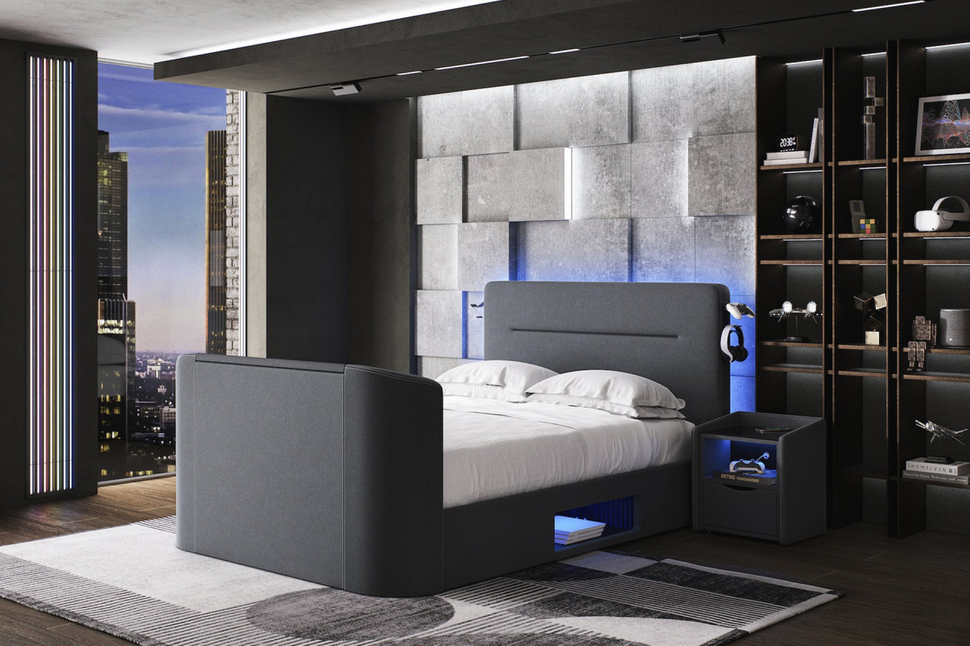 Re-charge gaming bed in black in a sophisticated, modern , adult bedroom