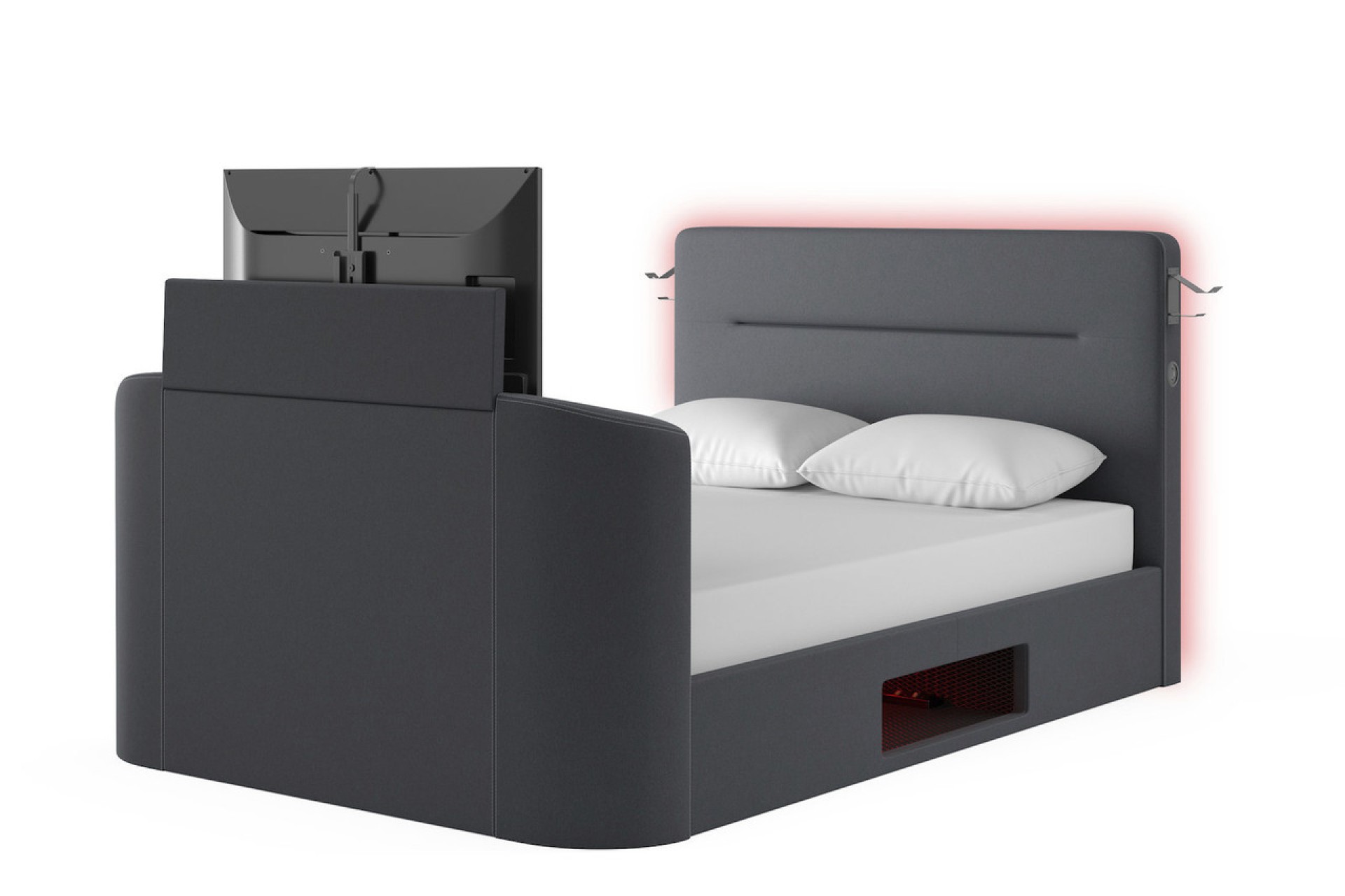 The re-charge gaming bed in charcoal grey with the TV in position for action