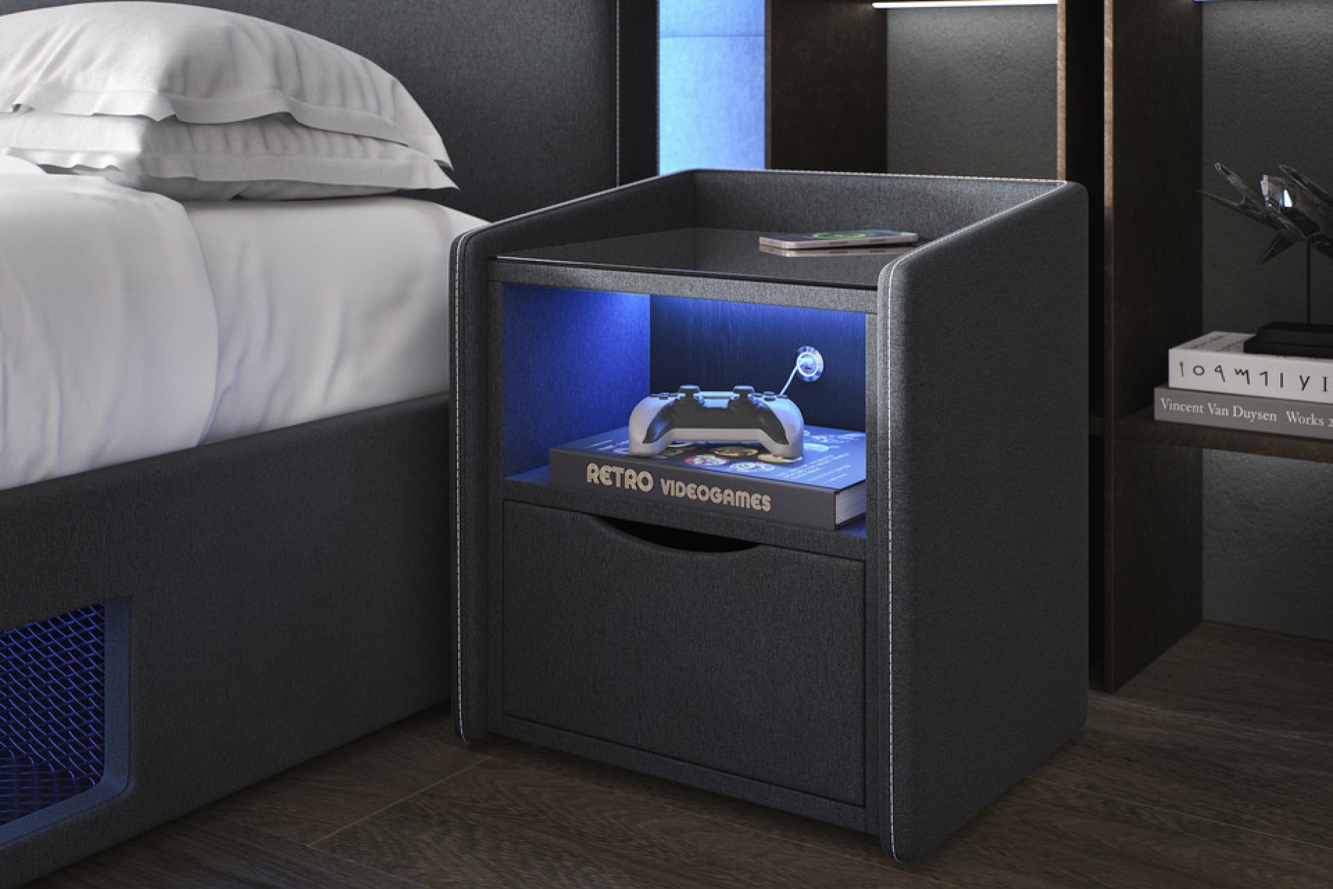 Re-charge gaming bedside table in charcoal grey