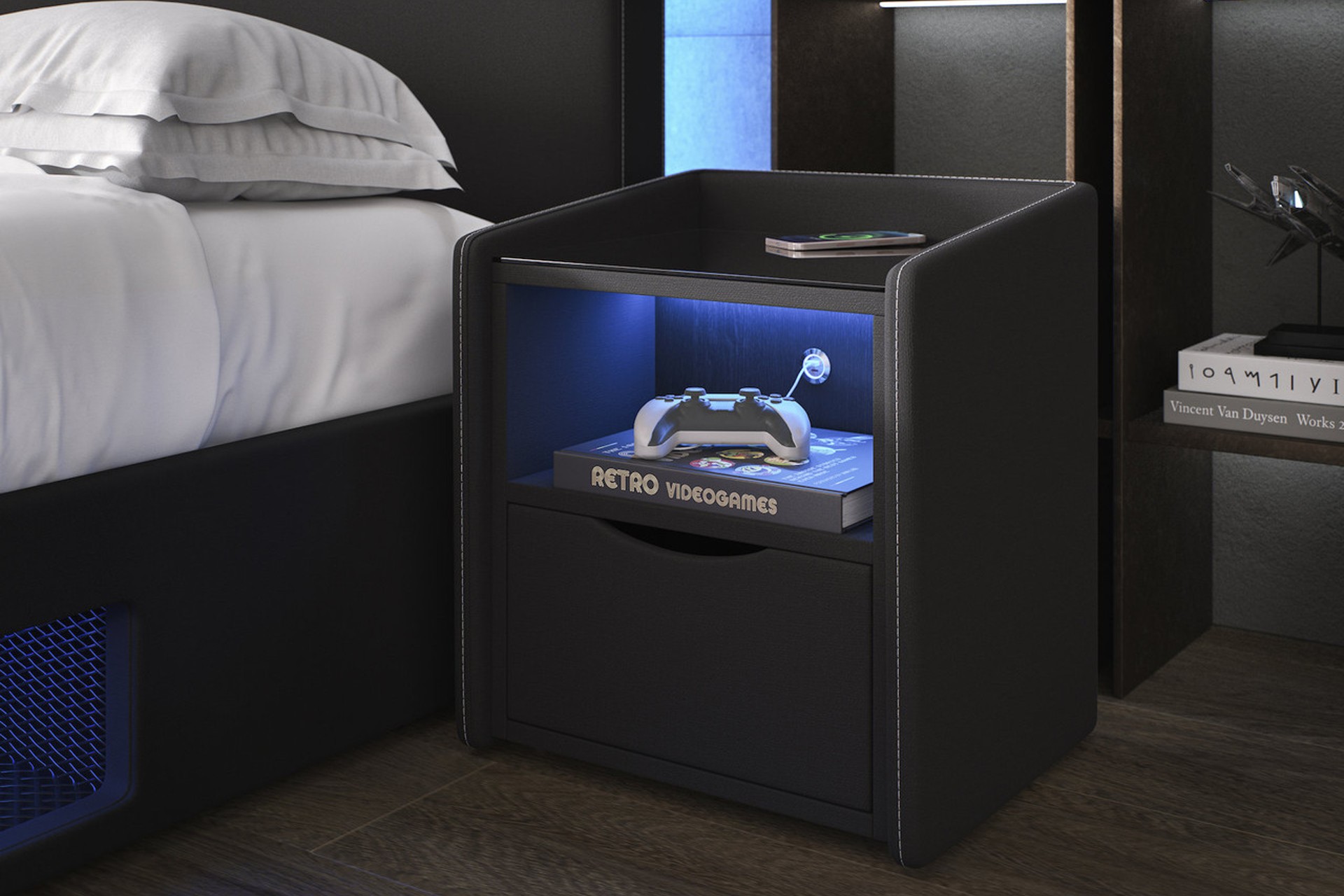 Recharge gaming bedside table with led lights and wireless charging