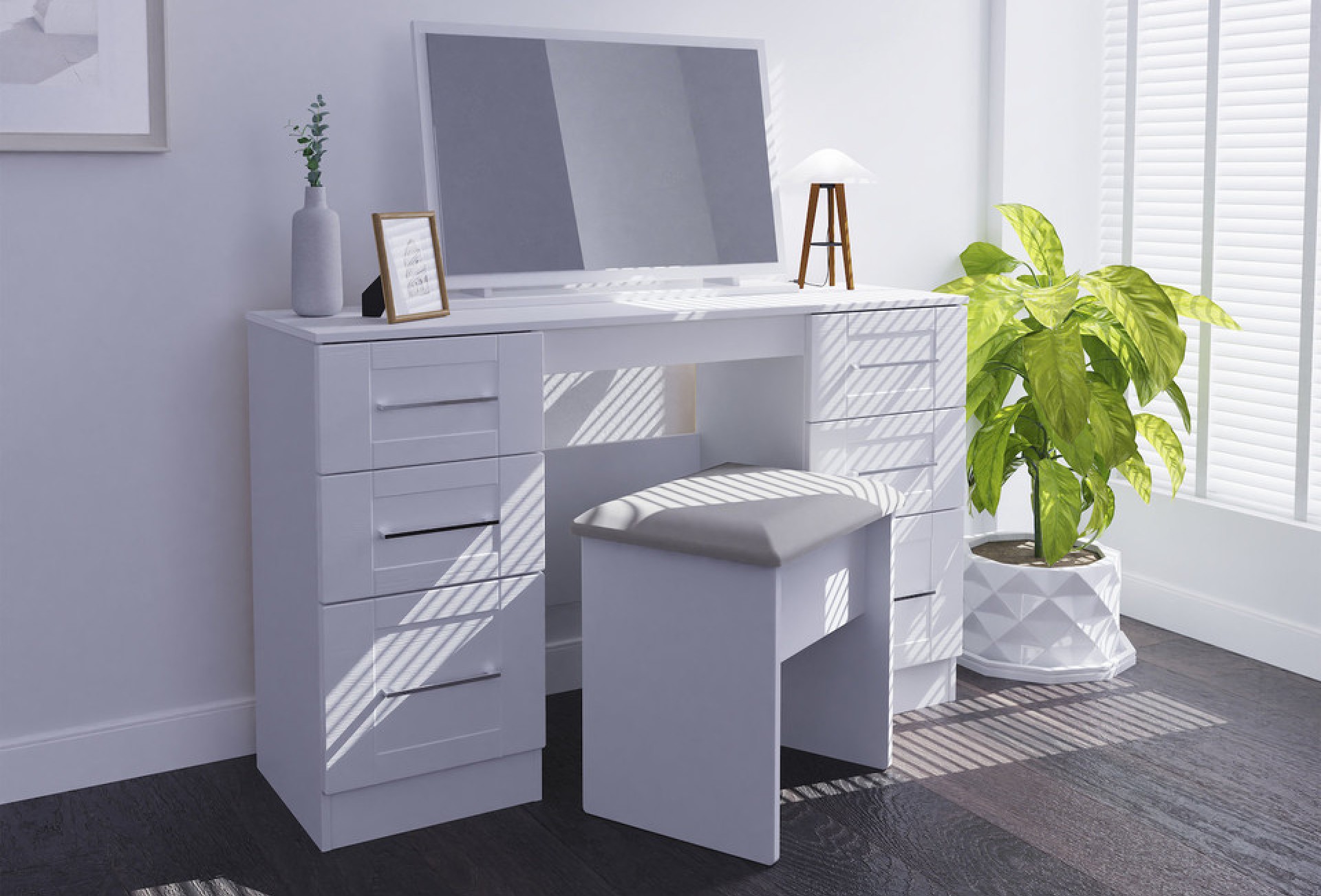 Santana white bedroom furniture lifestyle image featuring the dressing table, mirror and stool