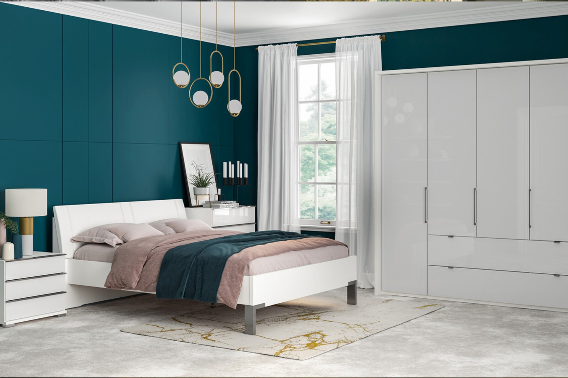 Sicily white bedroom furniture set. The white bedside table is pictured on the left hand side of the bedframe.