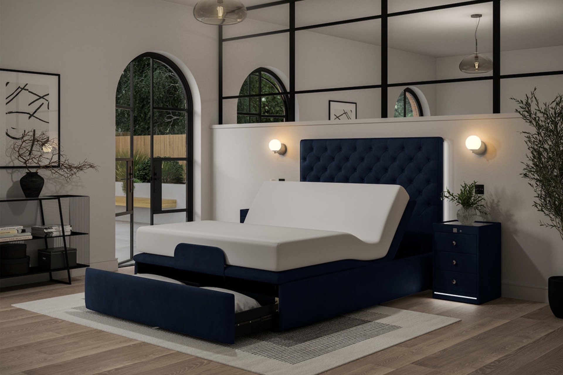 Sleepwave adjustable storage bed frame in deep blue