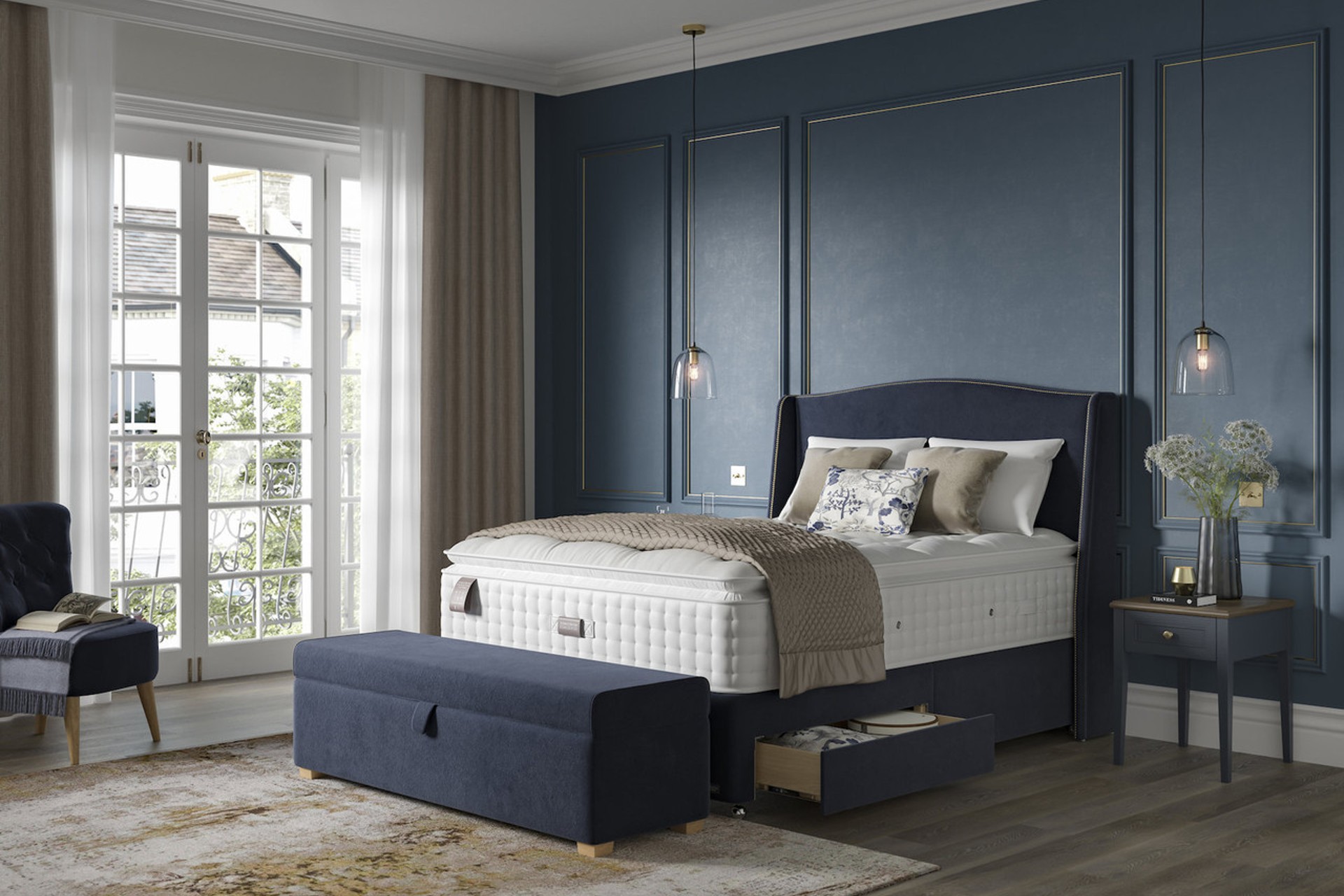 Staples and Co Artisan Grand Divan Bed Set On Castor wheels in Bespoke Prussian Blue