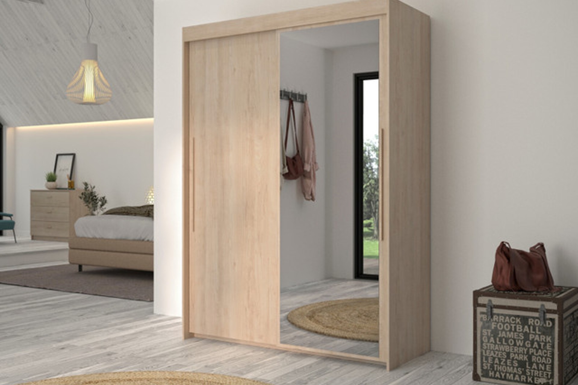 Tulle 2-door sliding mirrored wardrobe in light wood