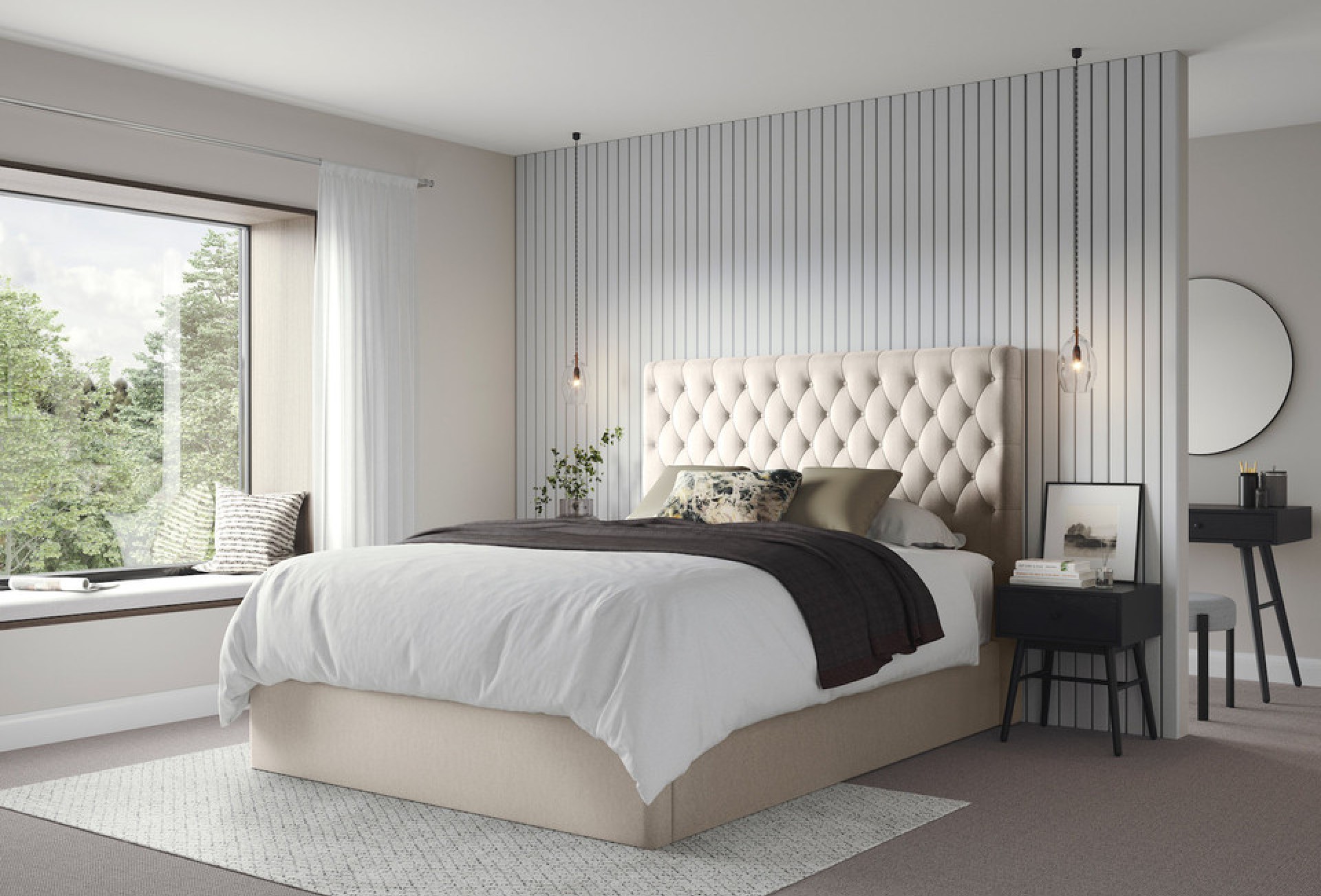 Valentina ottoman bed frame with deep buttoned headboard in mink set in a contemporary minimalist bedroom design